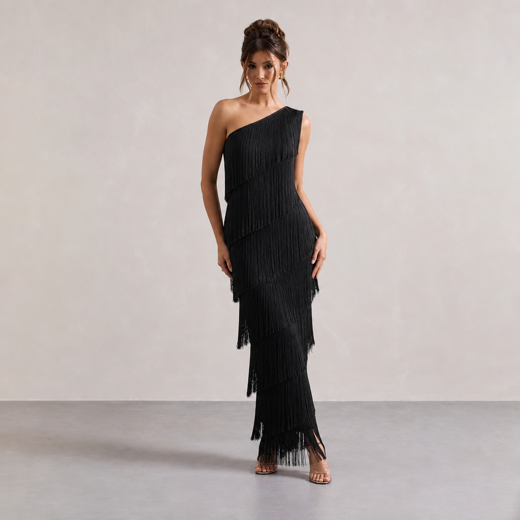 The Oliva One-Shoulder Fringe Maxi Dress