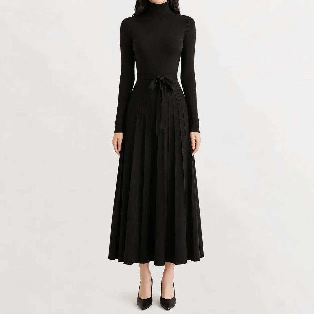 Belted Turtleneck Flared Sweater Dress