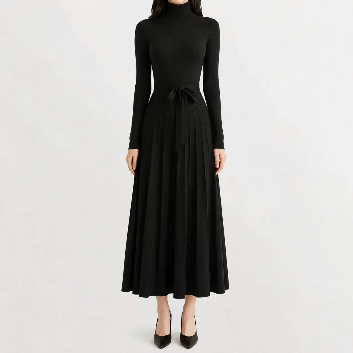 Belted Turtleneck Flared Sweater Dress