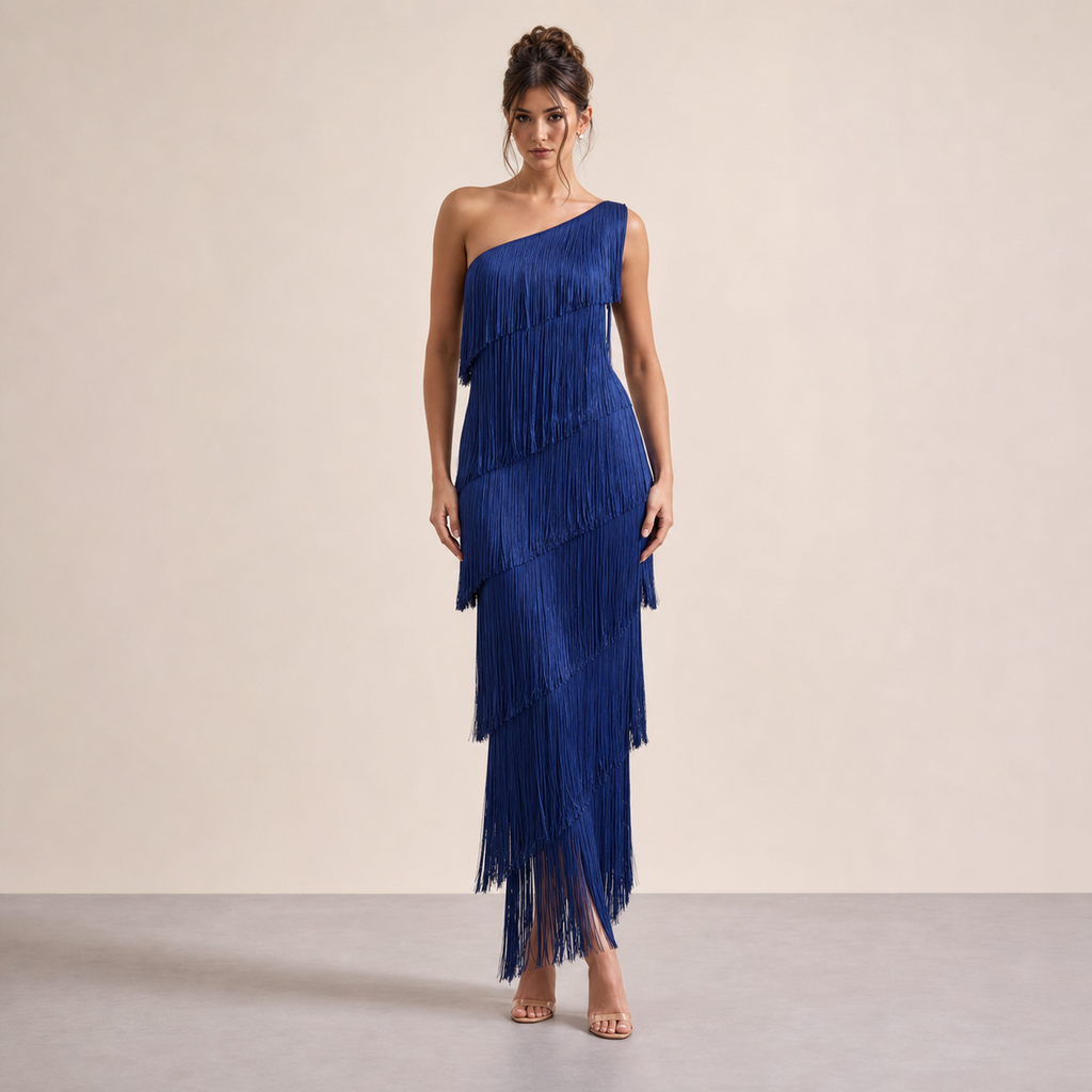 The Oliva One-Shoulder Fringe Maxi Dress