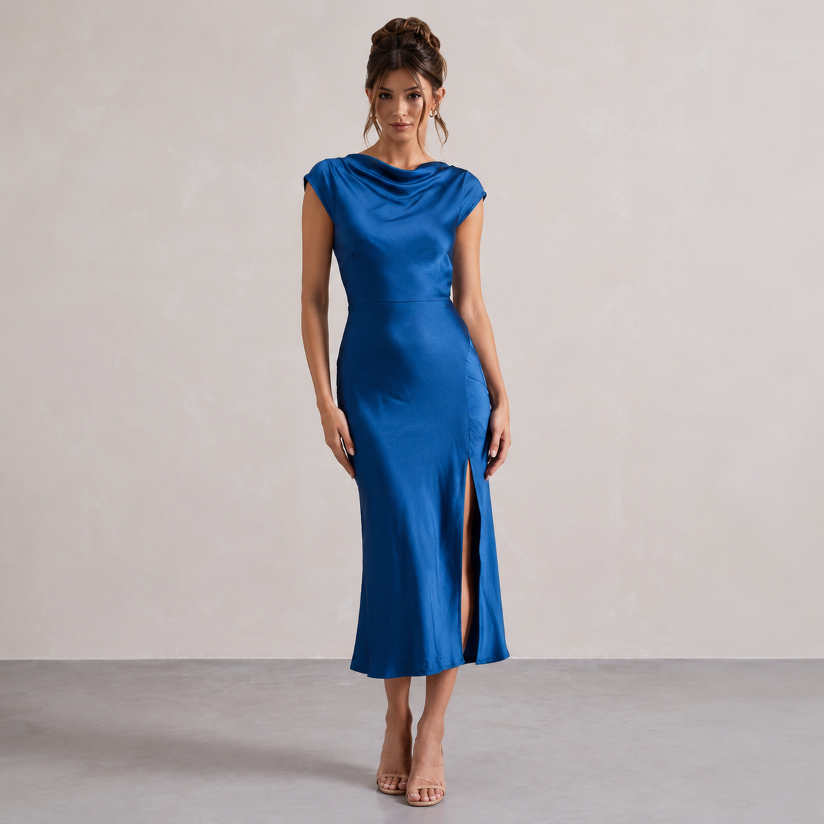 The Rossana Satin Cowl-Neck Midi Dress
