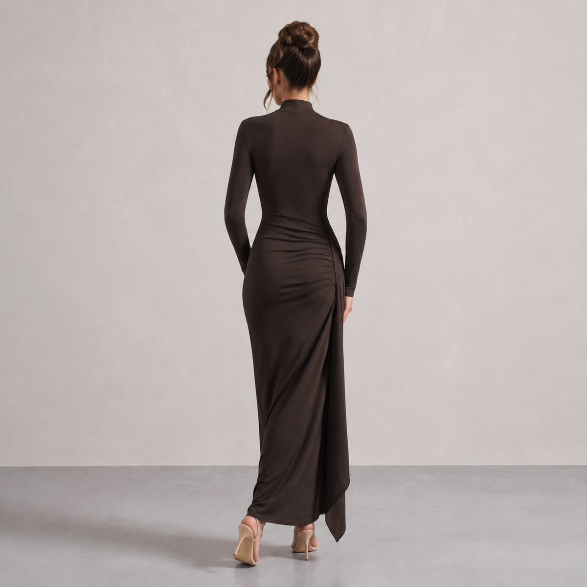 Mock Neck Ruched Jersey Maxi Dress