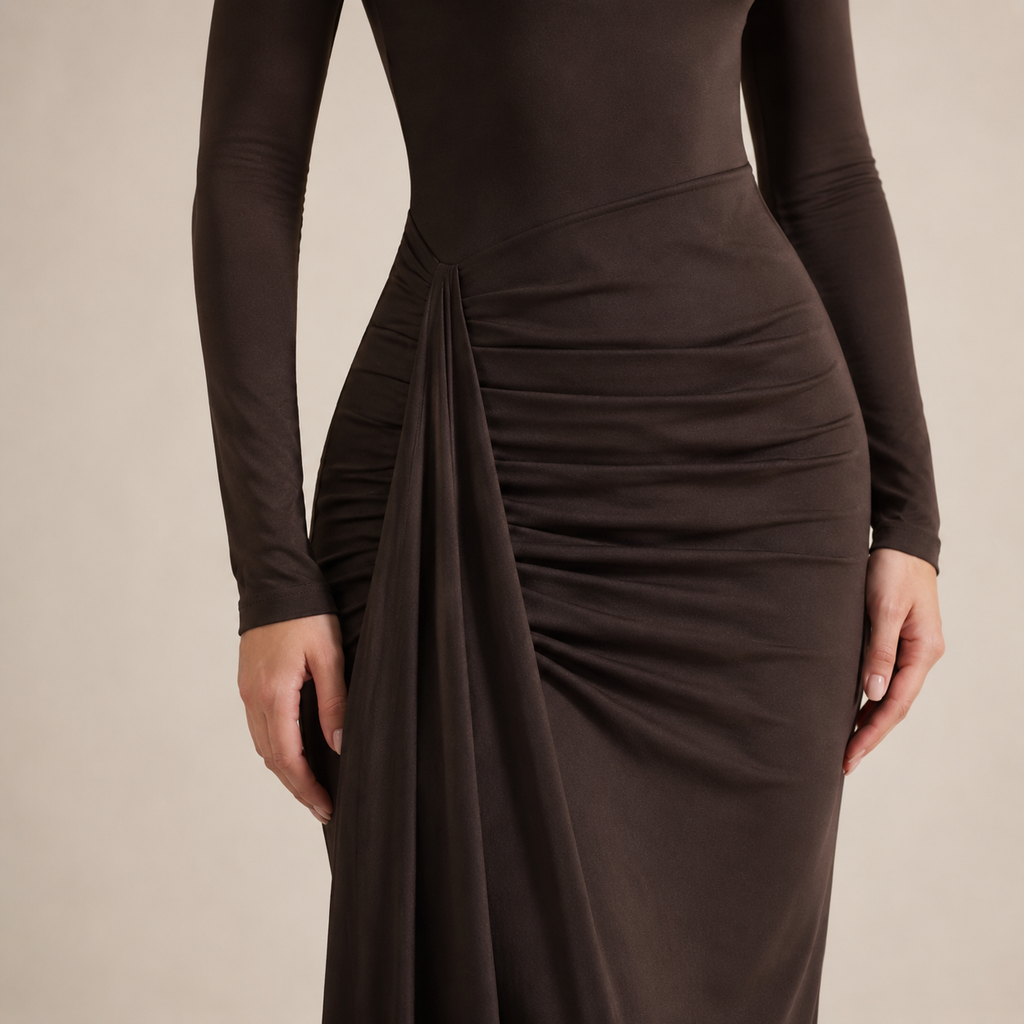 Mock Neck Ruched Jersey Maxi Dress