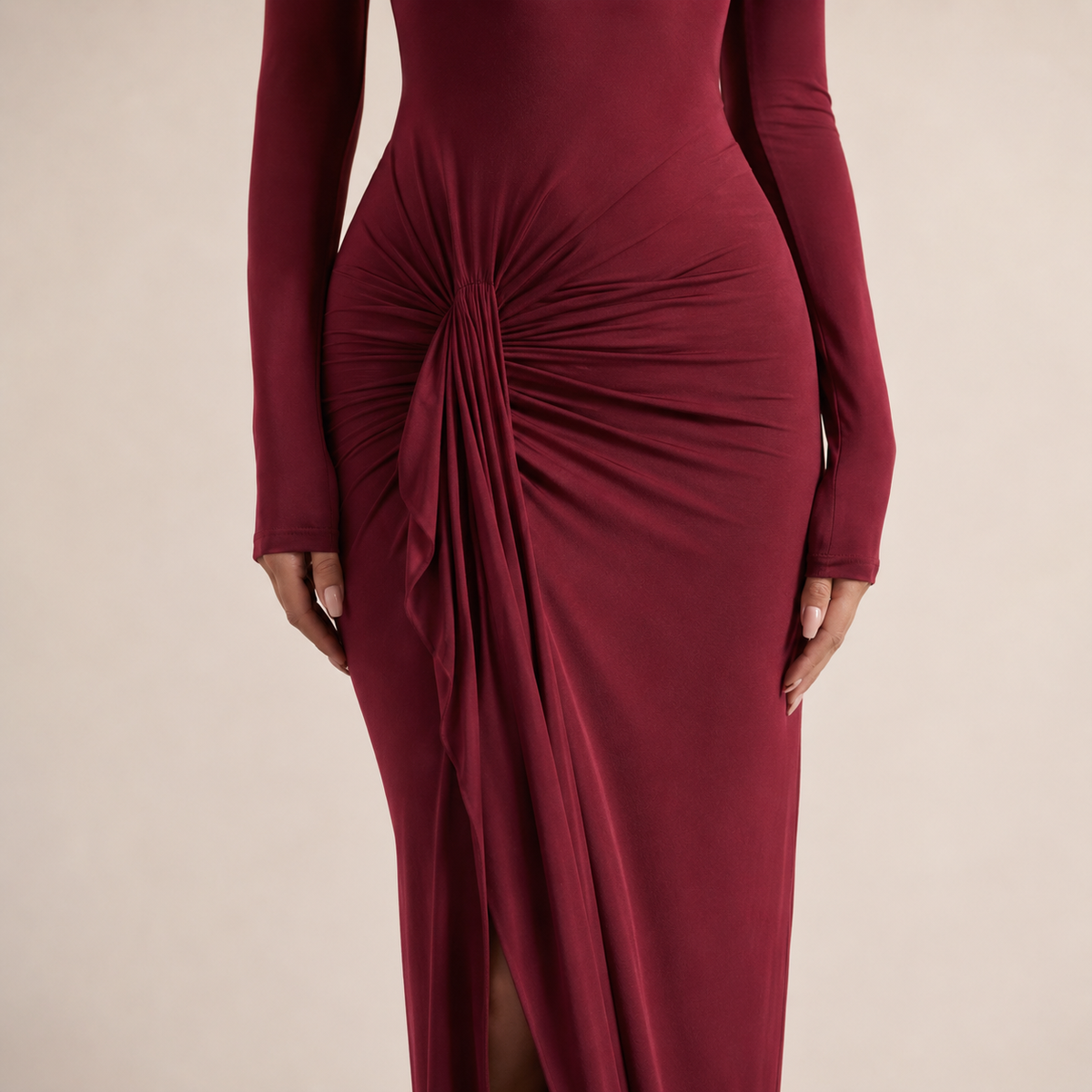 Mock Neck Ruched Jersey Maxi Dress