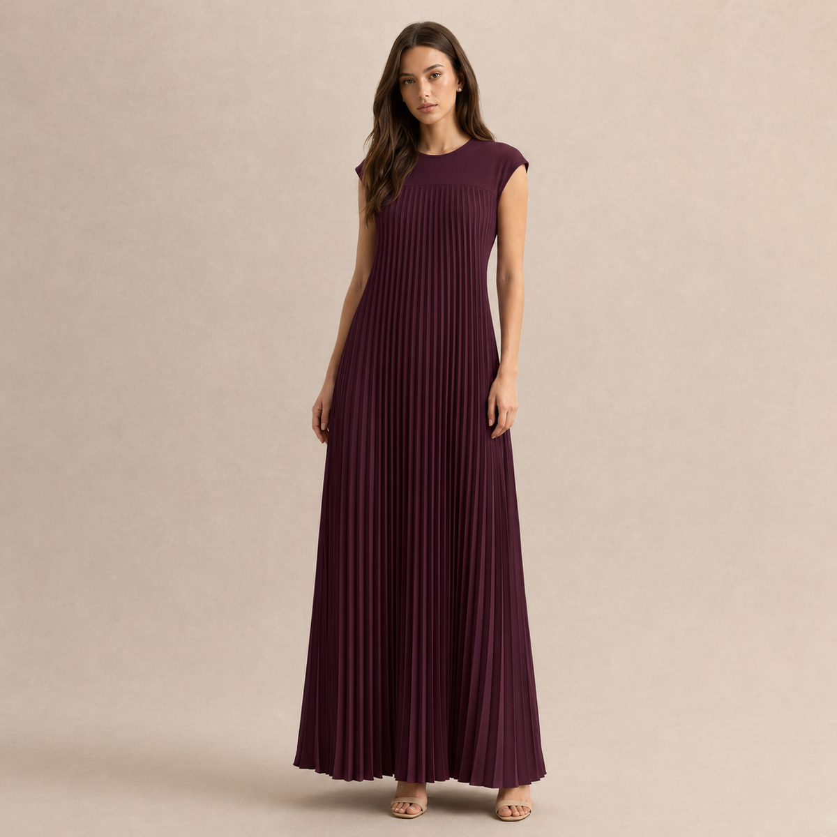 Pleated Column Cap Sleeve Maxi Dress