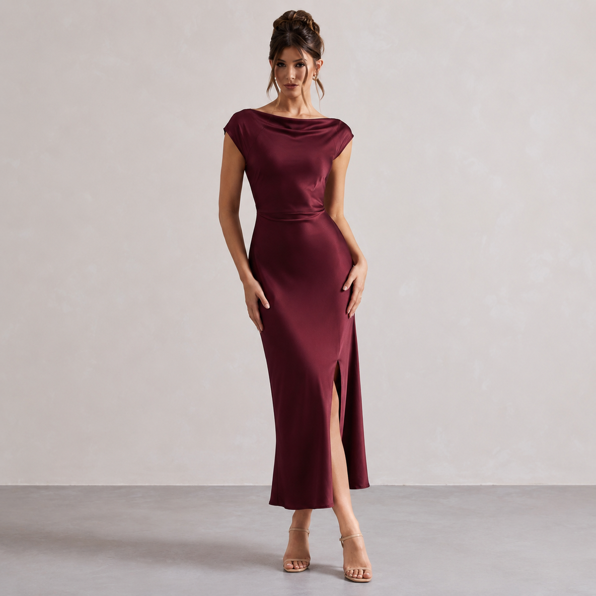 The Rossana Satin Cowl-Neck Midi Dress