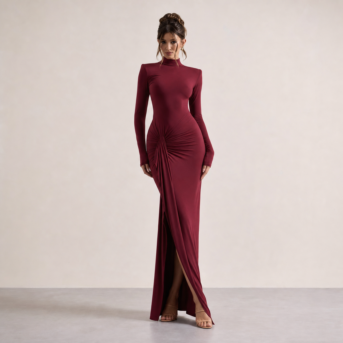 Mock Neck Ruched Jersey Maxi Dress