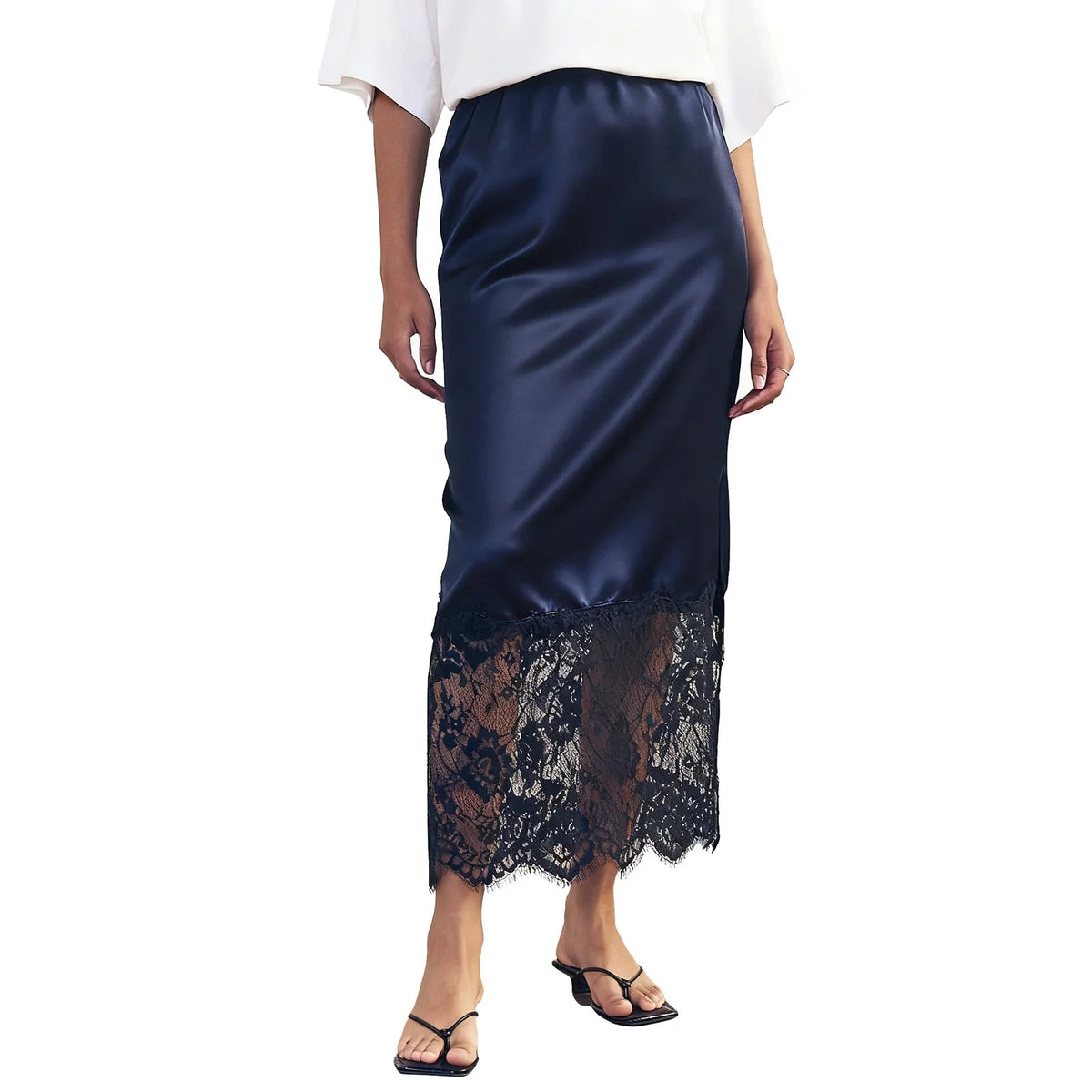 Lace Hem Satin Maxi Skirt