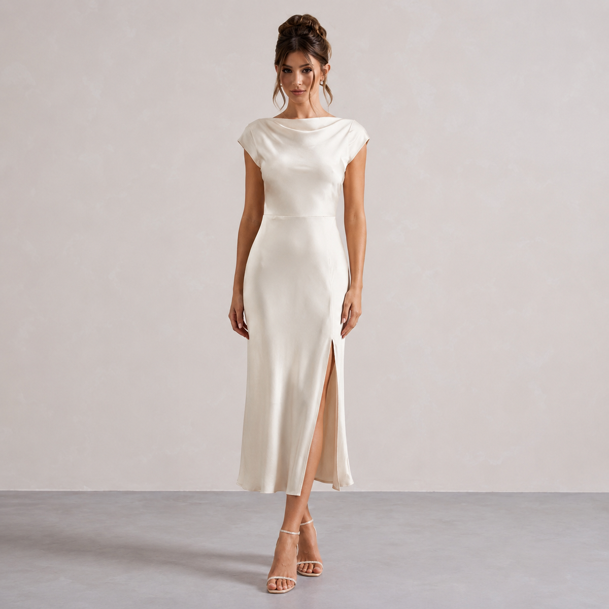 The Rossana Satin Cowl-Neck Midi Dress
