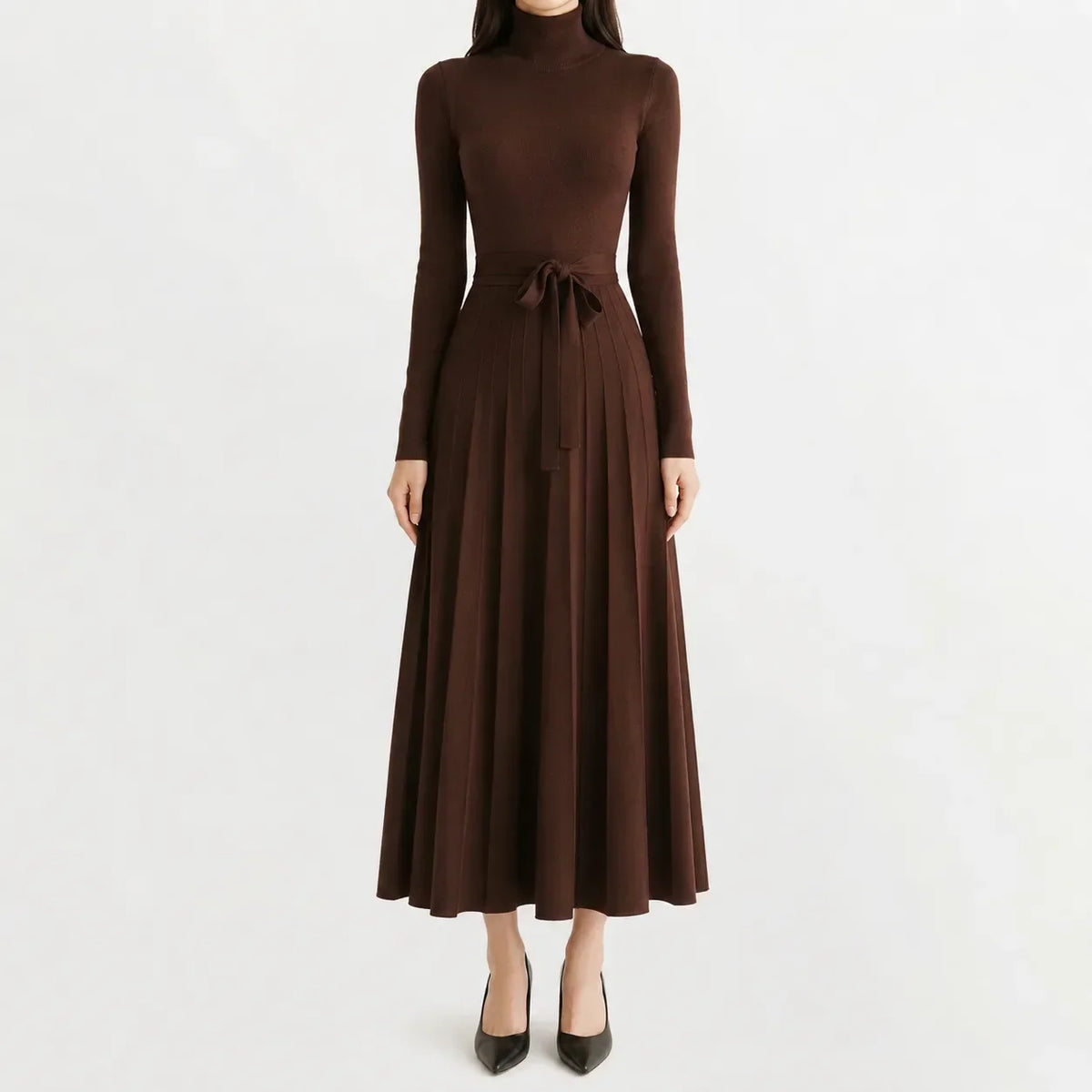 Belted Turtleneck Flared Sweater Dress