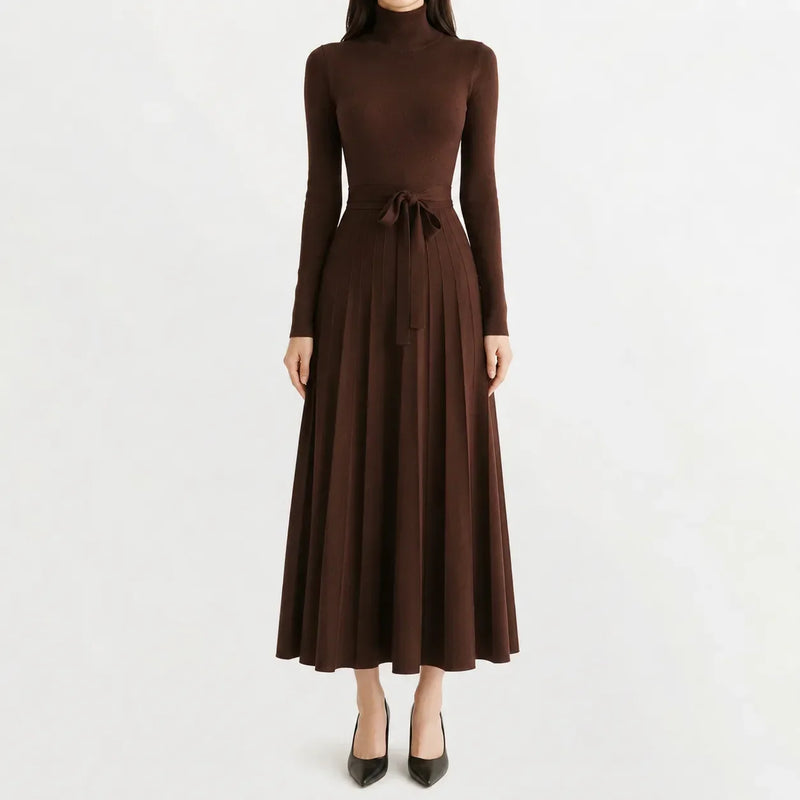 Belted Turtleneck Flared Sweater Dress