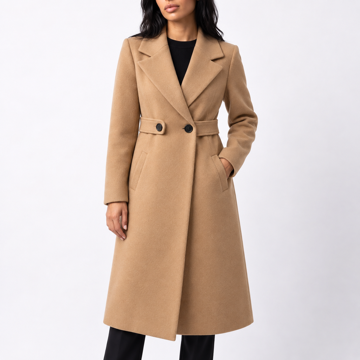 Belted Wide-Lapel Long Coat