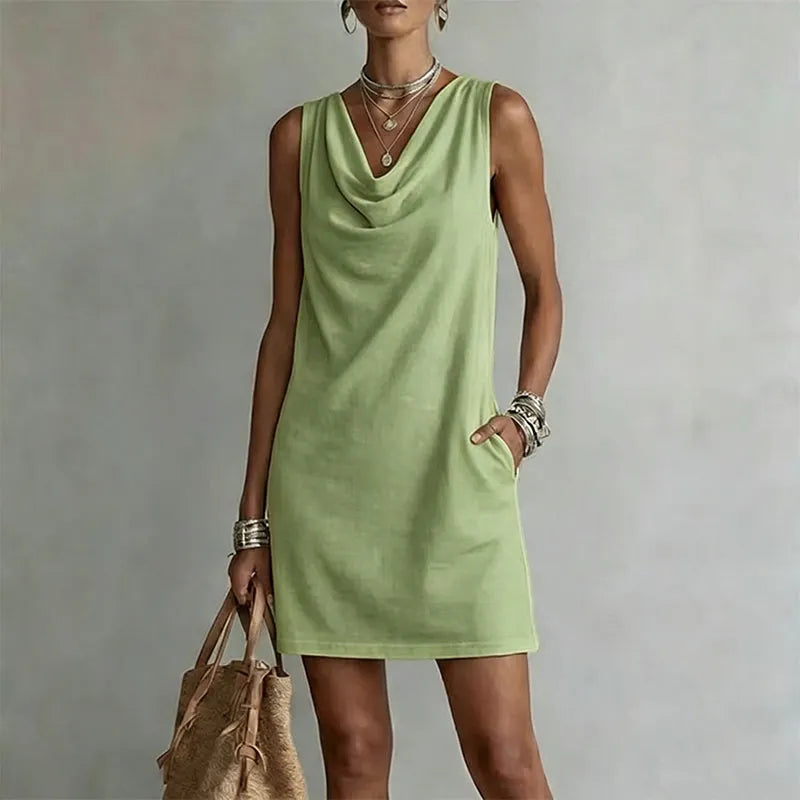 Draped Neck Pocket Mini Dress