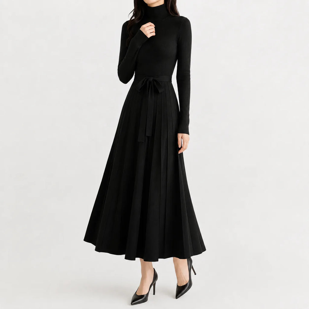 Belted Turtleneck Flared Sweater Dress