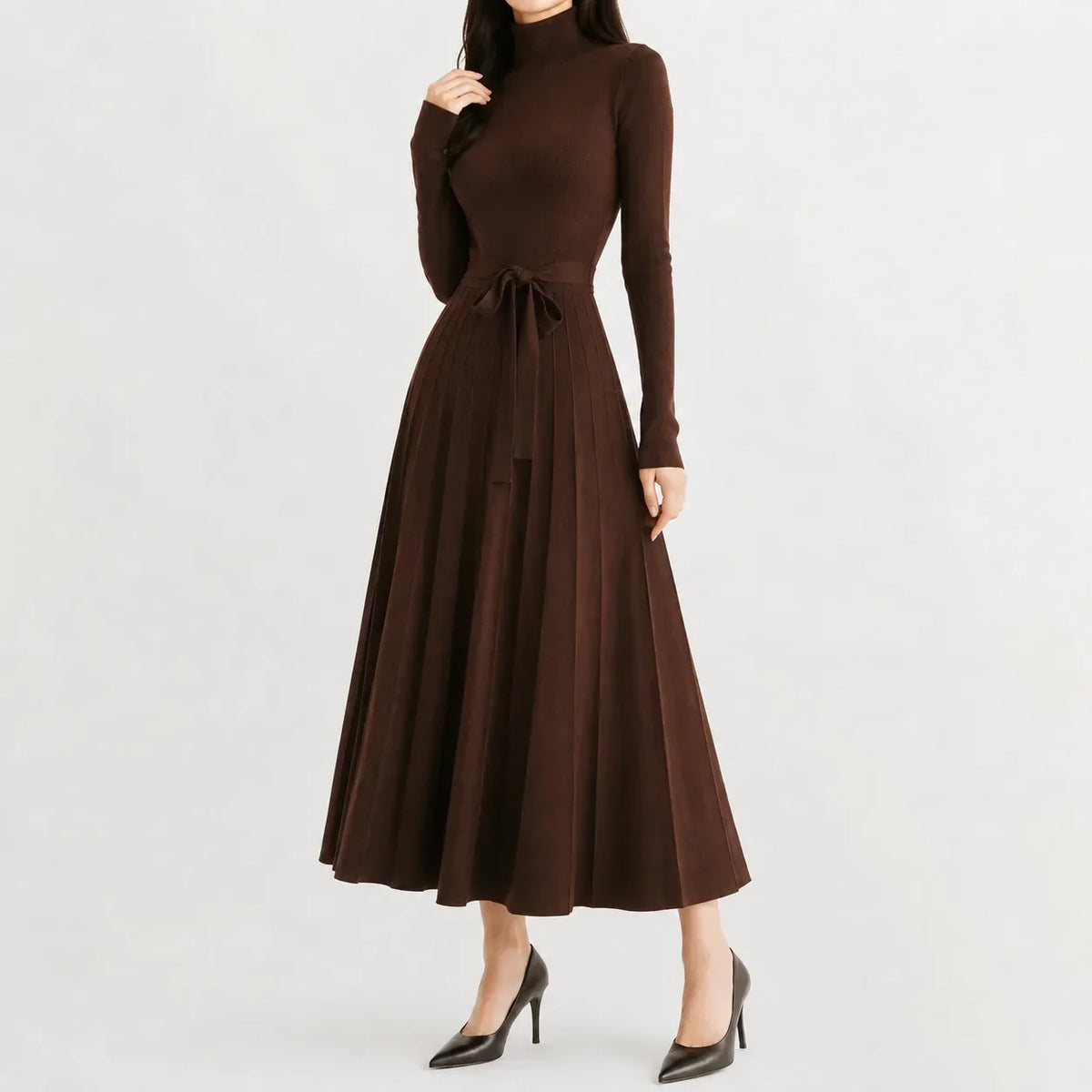 Belted Turtleneck Flared Sweater Dress