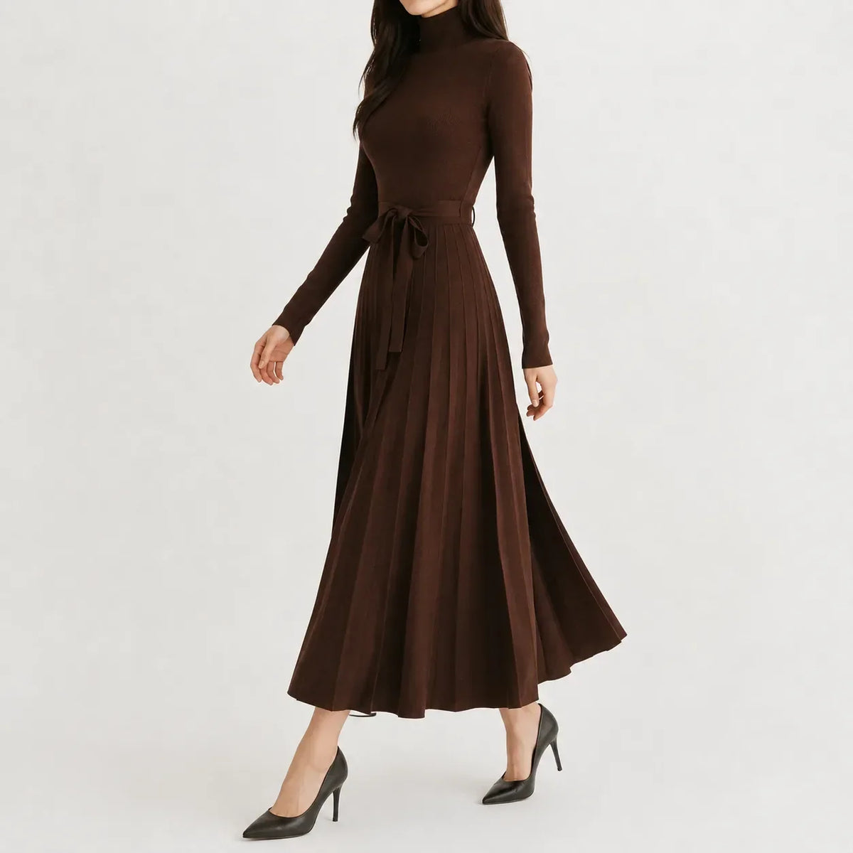 Belted Turtleneck Flared Sweater Dress