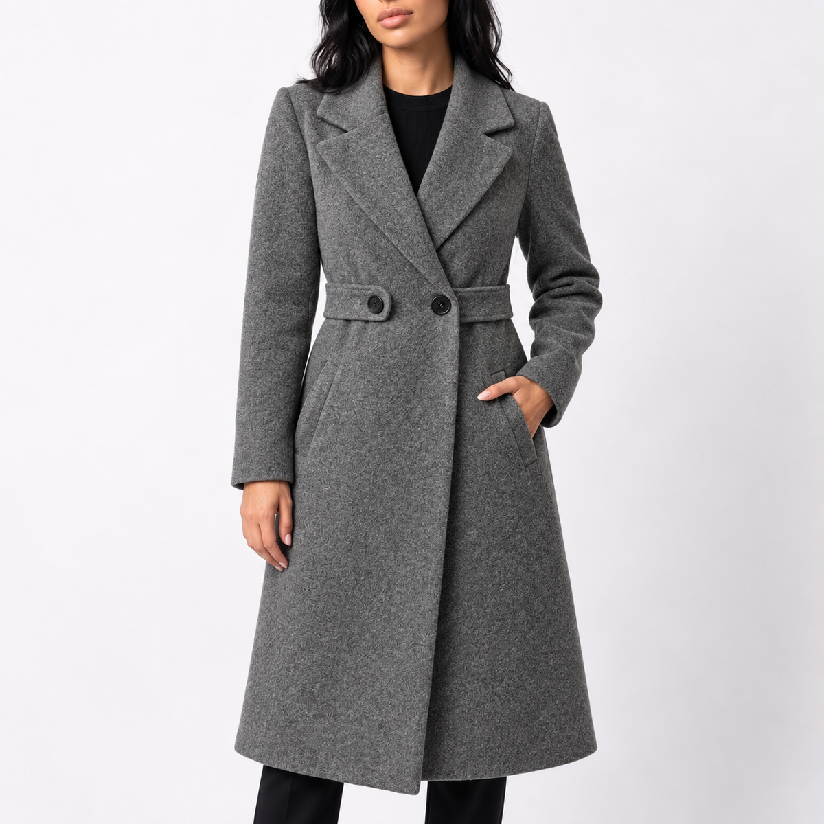 Belted Wide-Lapel Long Coat
