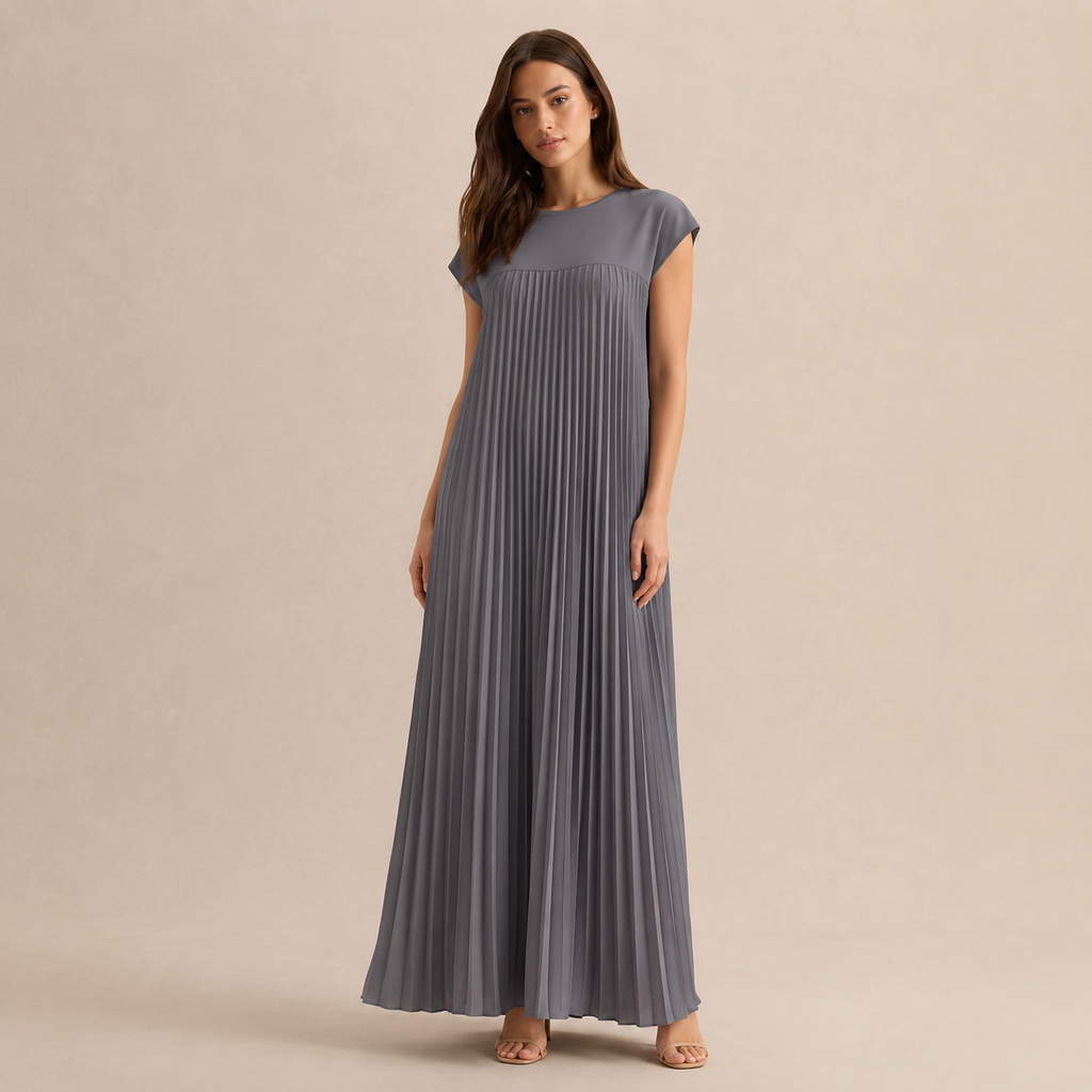 Pleated Column Cap Sleeve Maxi Dress