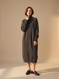 Button Funnel-Neck Long Sweater Dress in Charcoal, front view