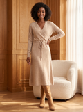 Wrap V-Neck Midi Sweater Dress in Sand, front view