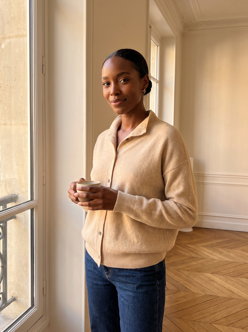 Stand-Collar Button Cardigan in Oatmeal, front view