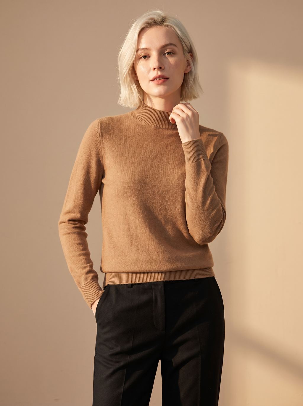 Fitted Mock Neck Sweater in Camel, front view