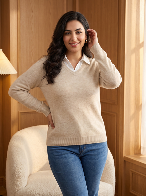 Classic V-Neck Sweater in Oatmeal, front view