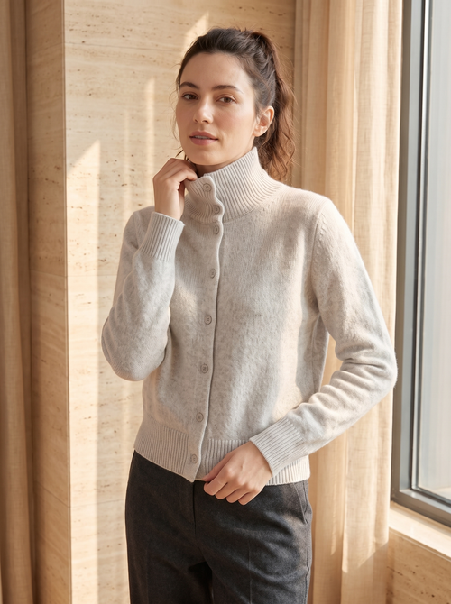 Turtleneck Button Cardigan in Light Grey, three-quarter view