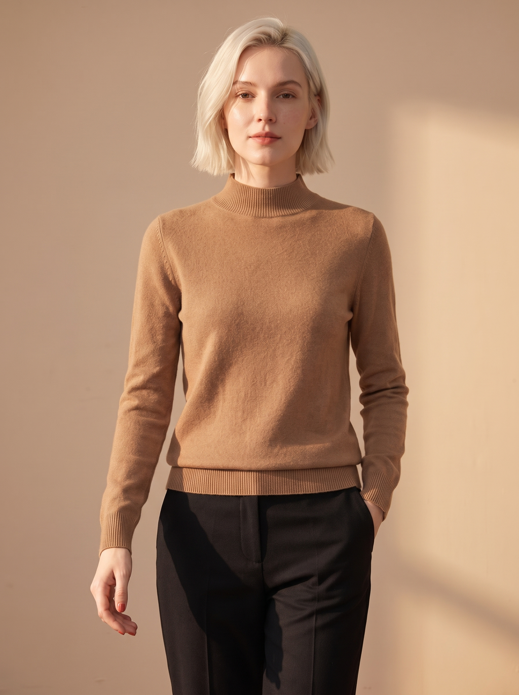 Fitted Mock Neck Sweater in Camel, three-quarter view