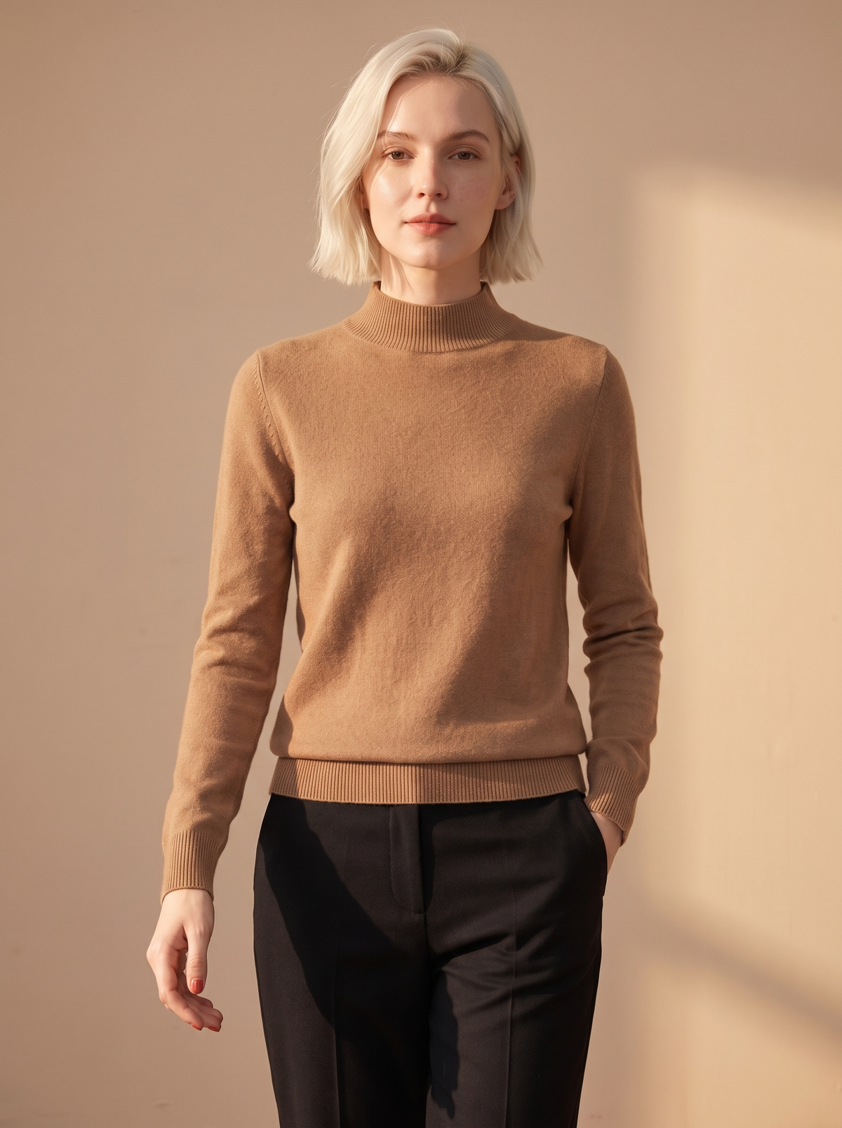 Fitted Mock Neck Sweater in Camel, three-quarter view