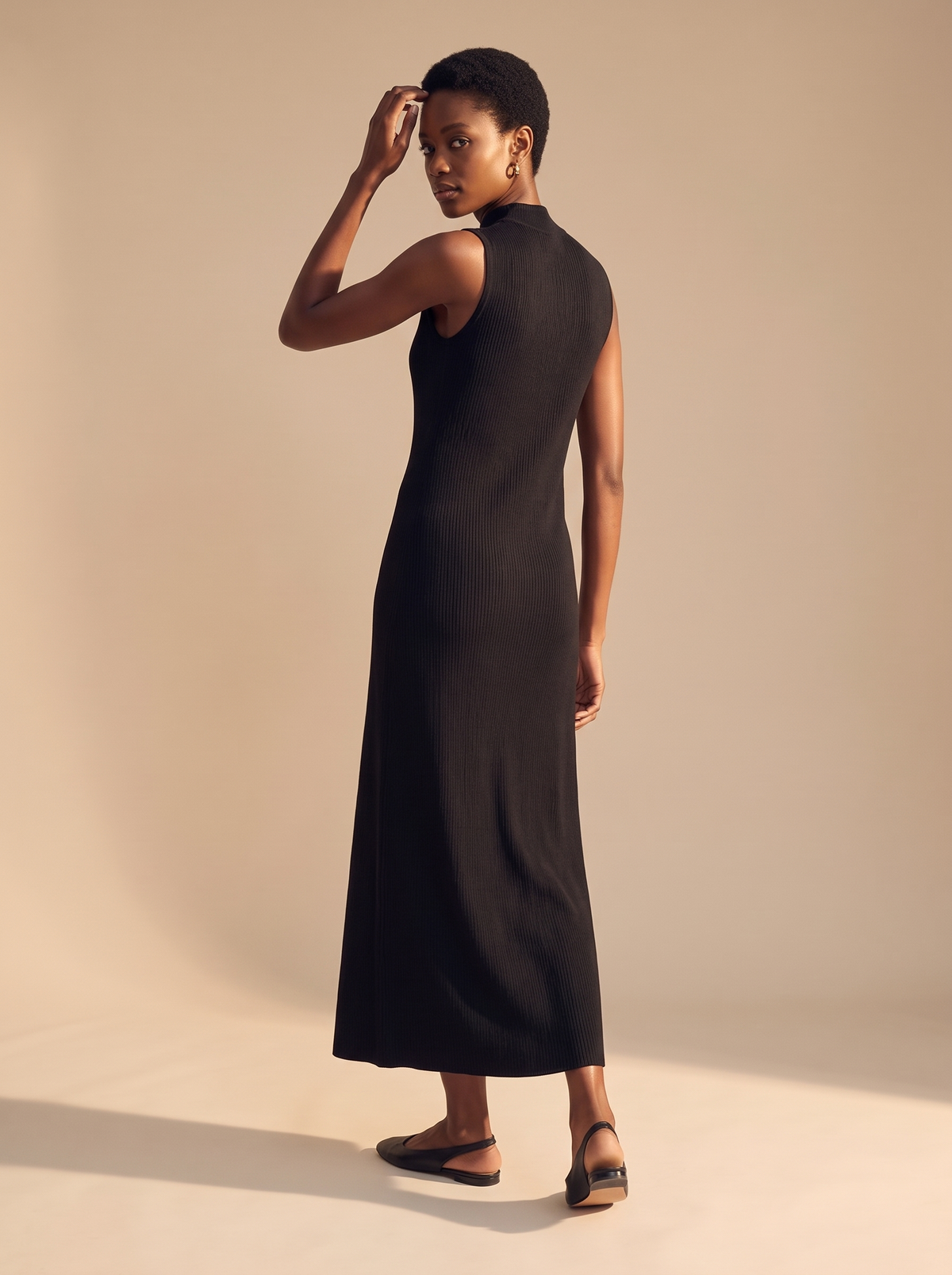 Sleeveless Ribbed Mock Neck Maxi Dress in Black, back view