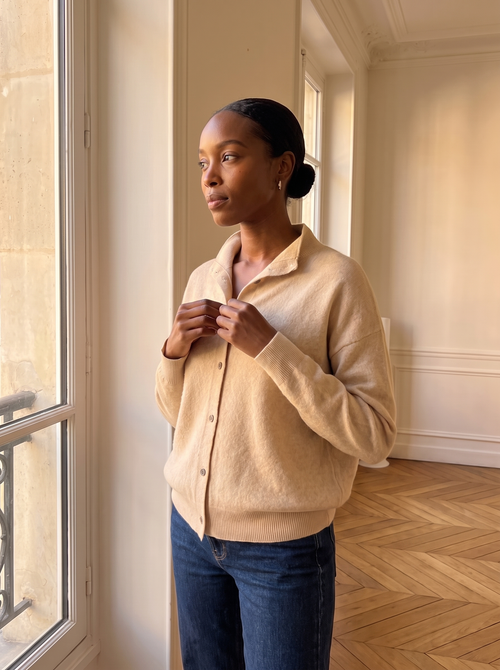 Stand-Collar Button Cardigan in Oatmeal, three-quarter view