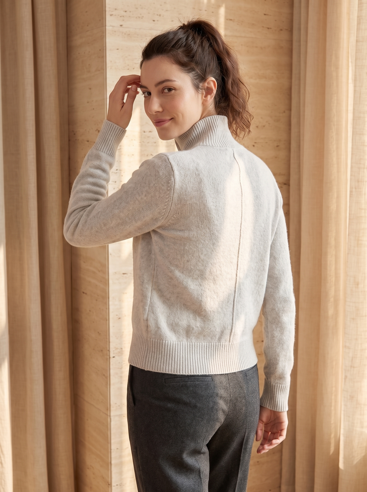 Turtleneck Button Cardigan in Light Grey, back view