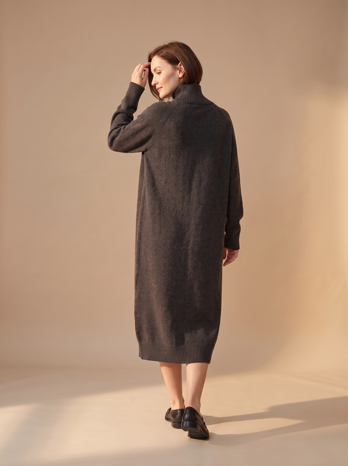 Button Funnel-Neck Long Sweater Dress in Charcoal, back view