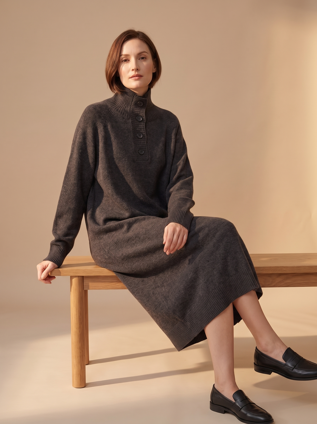 Button Funnel-Neck Long Sweater Dress in Charcoal, three-quarter view