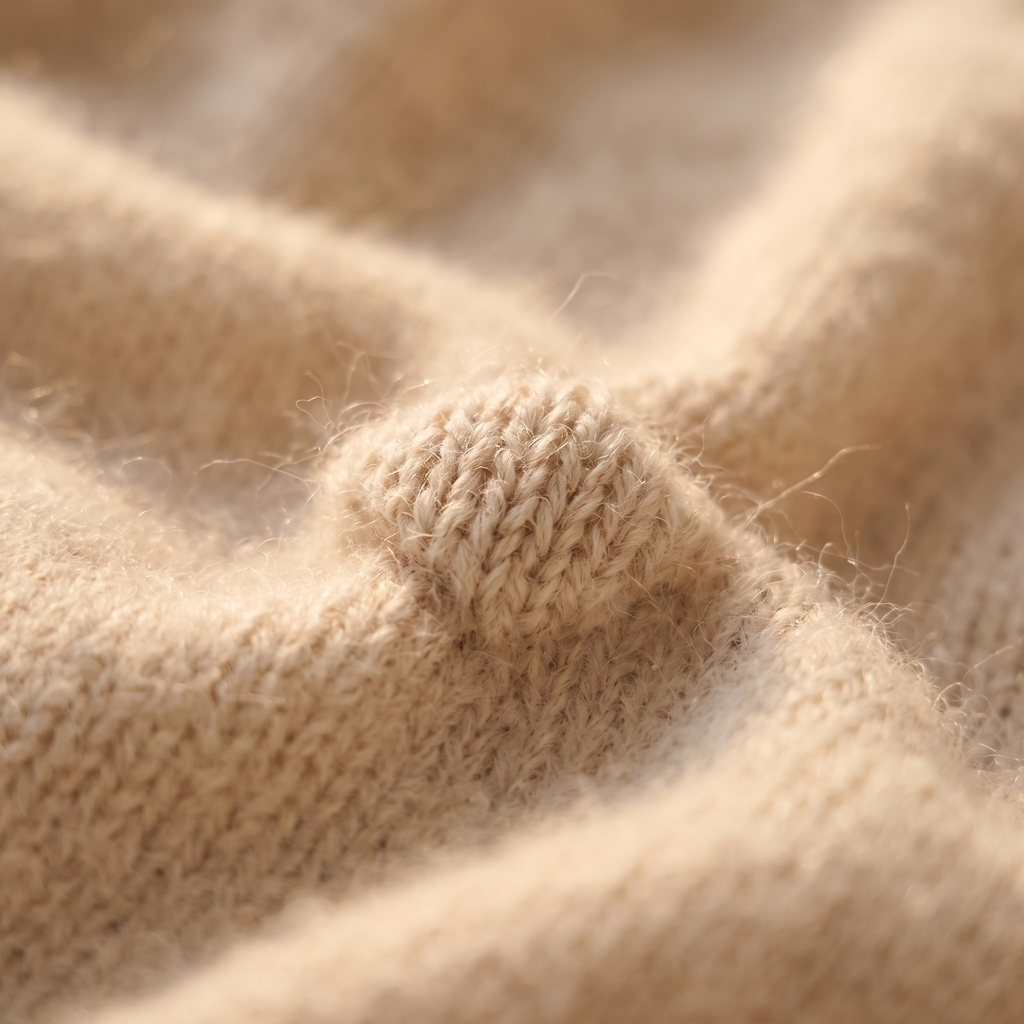 Keyhole Stand-Collar Long Sweater Dress in Oatmeal, close-up of the knit