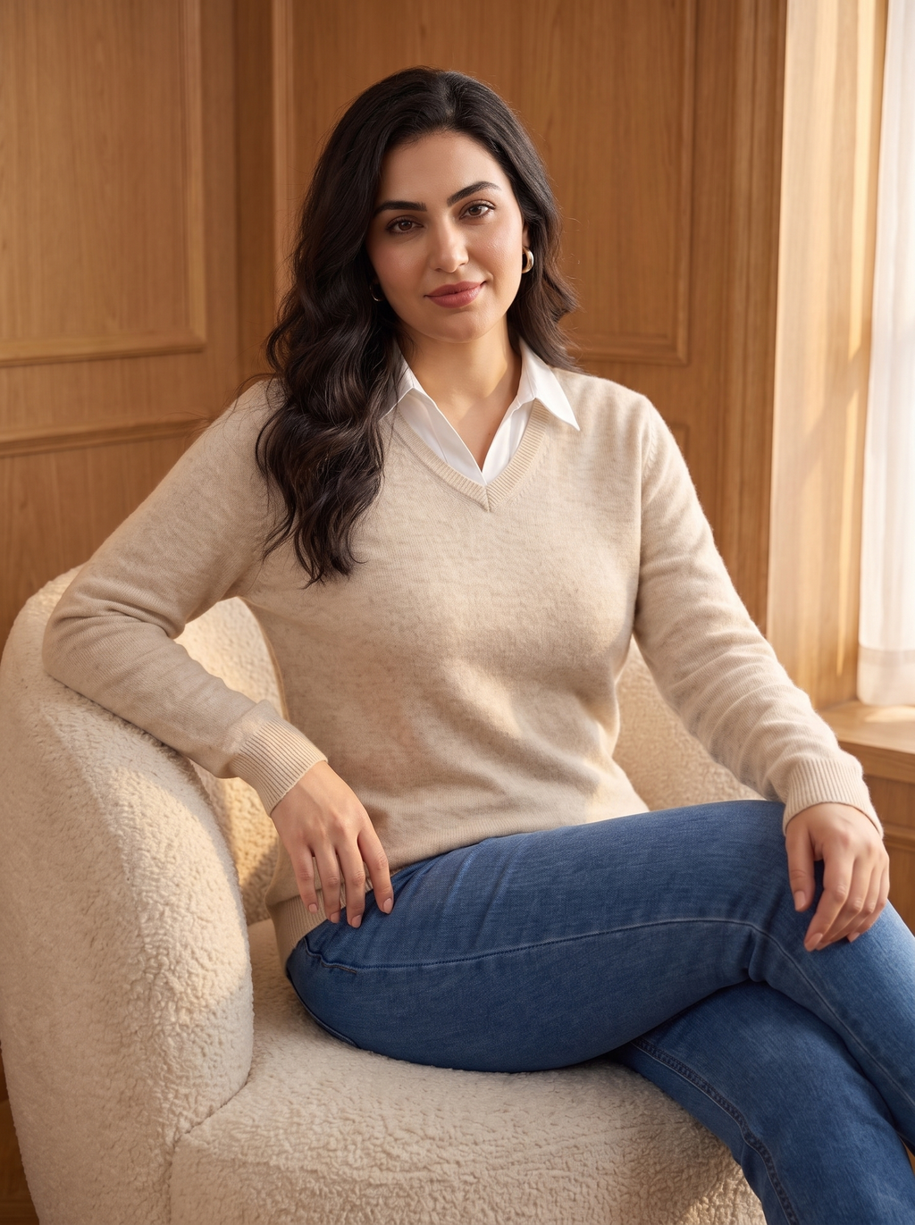 Classic V-Neck Sweater in Oatmeal, three-quarter view
