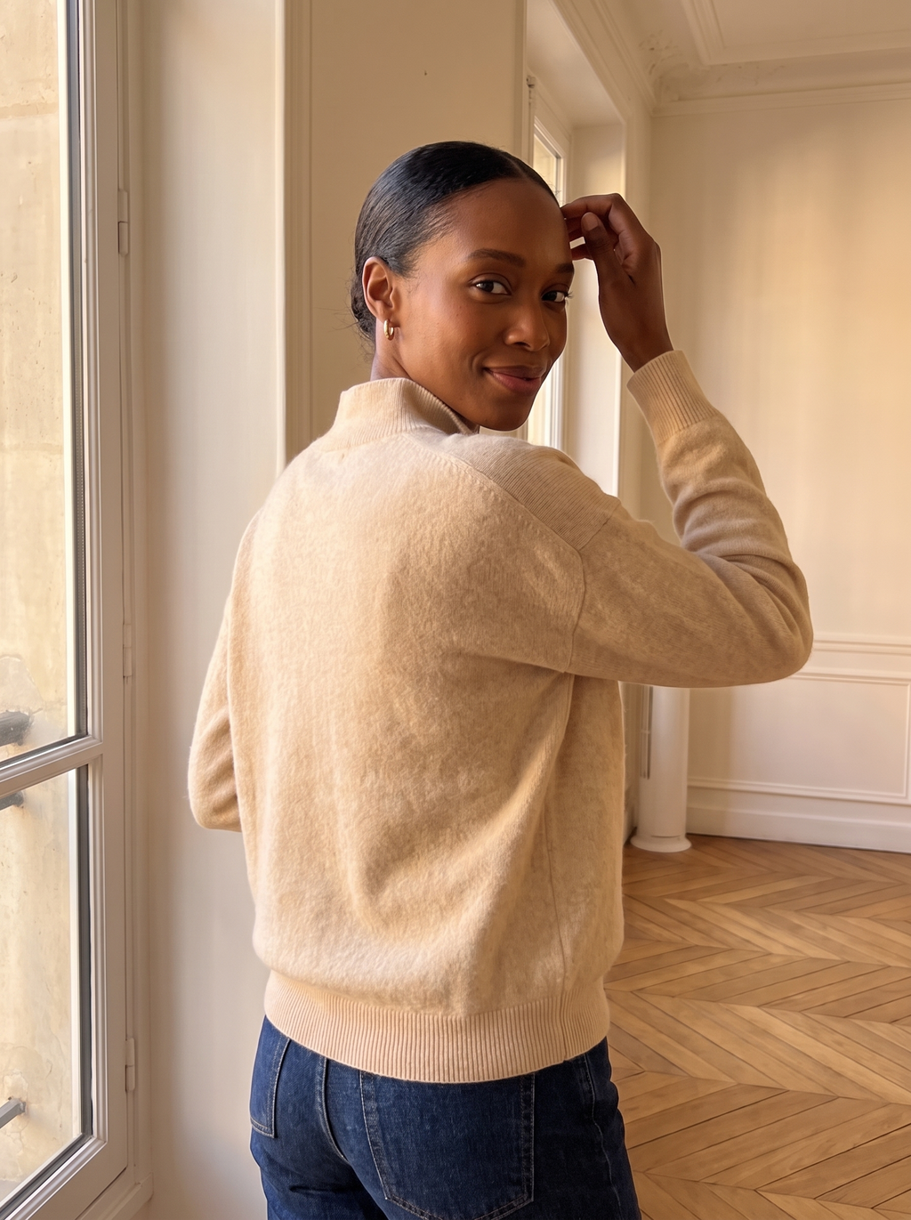 Stand-Collar Button Cardigan in Oatmeal, back view