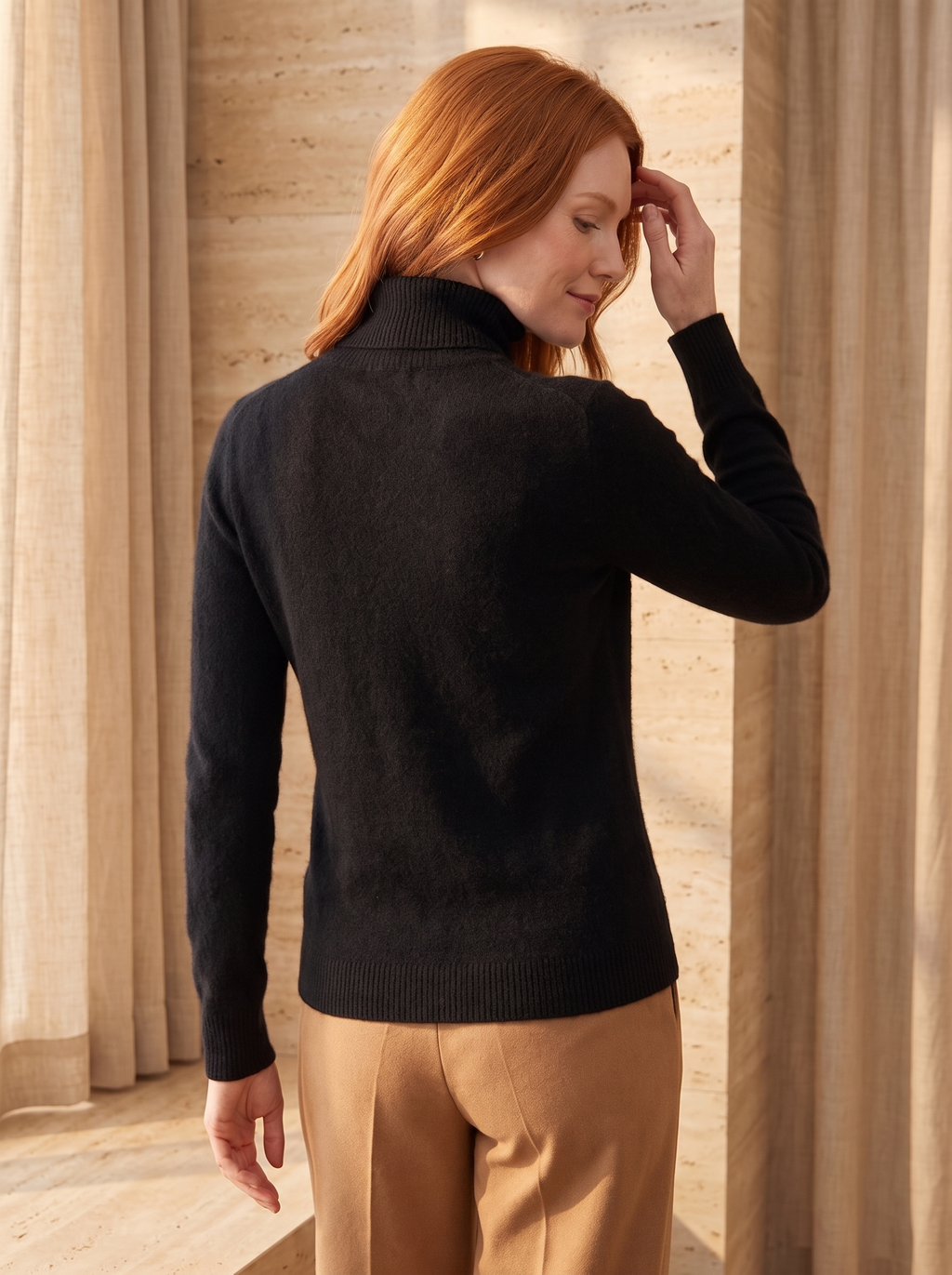 Slim Turtleneck Sweater in Black, back view