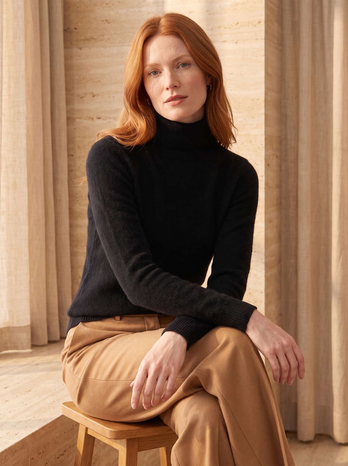 Slim Turtleneck Sweater in Black, three-quarter view