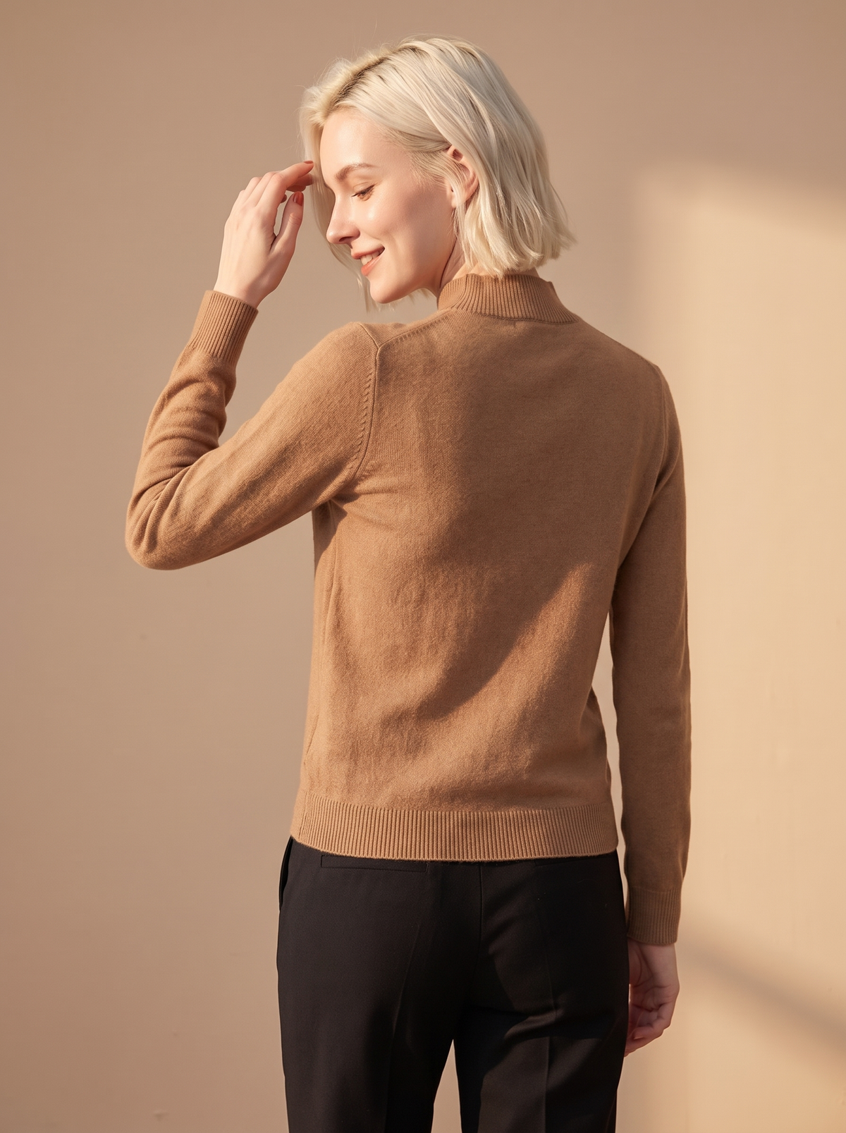 Fitted Mock Neck Sweater in Camel, back view