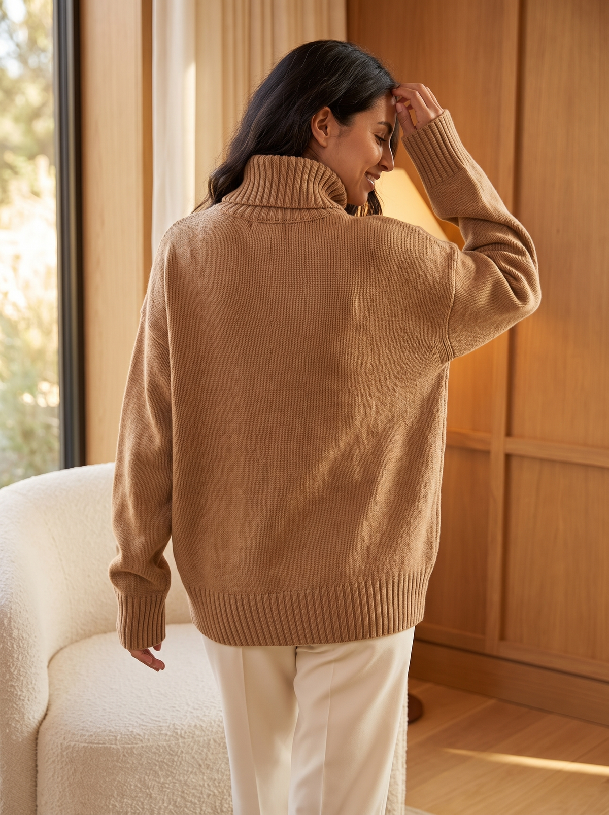 Oversized Chunky Turtleneck Sweater in Camel, back view