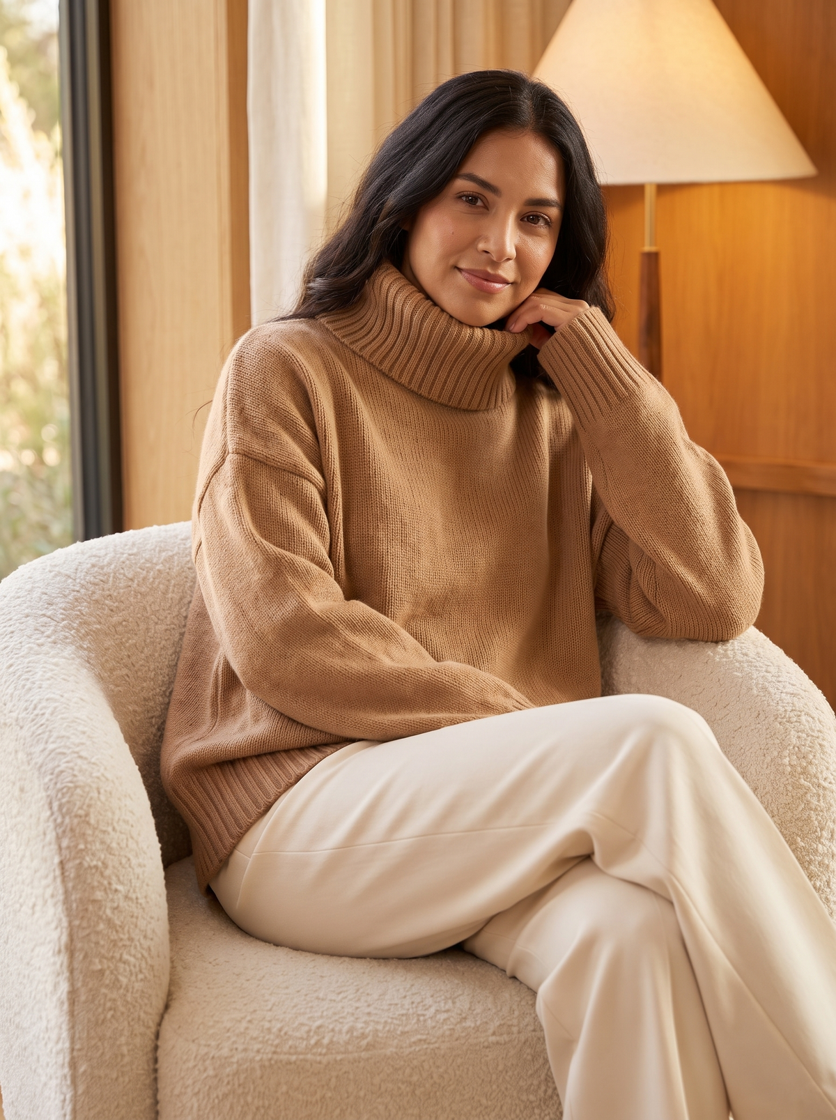 Oversized Chunky Turtleneck Sweater in Camel, three-quarter view