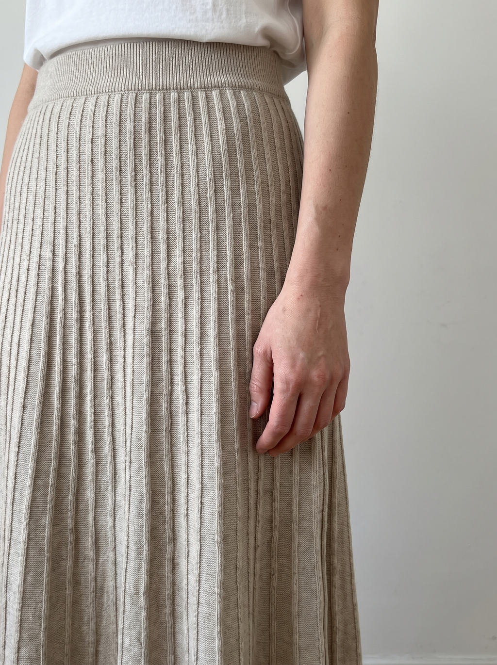 Draped Pleated Maxi Knit Skirt, waistband and knit detail