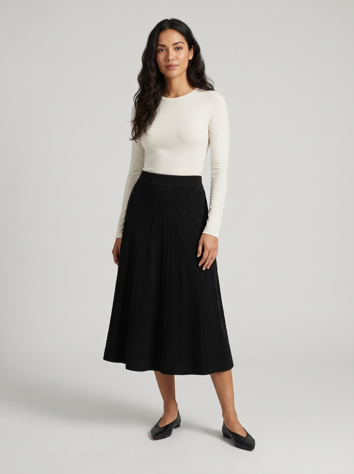 Long Knit A-Line Skirt in Black