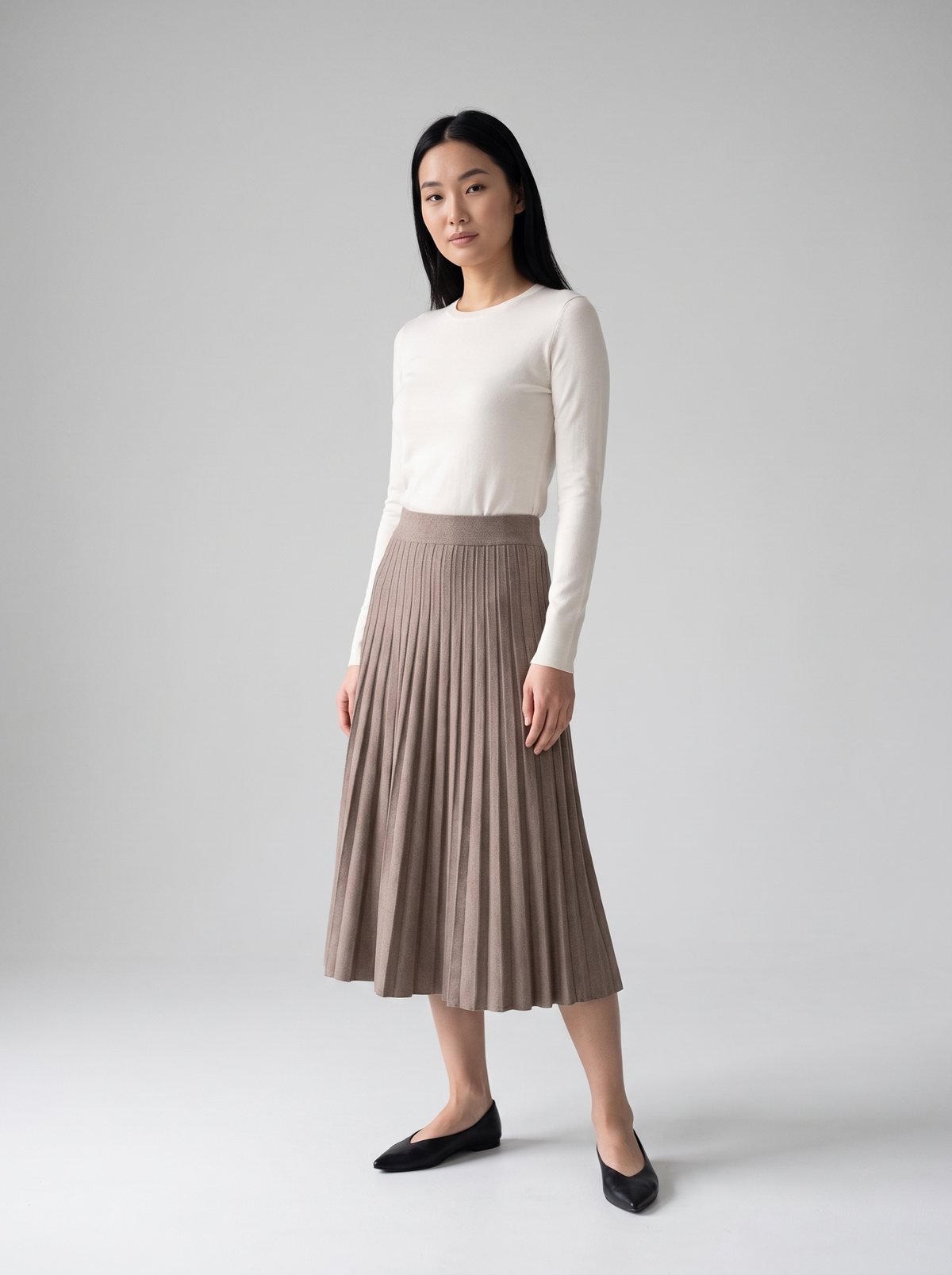 Pleated A-Line Knit Midi Skirt in Mocha