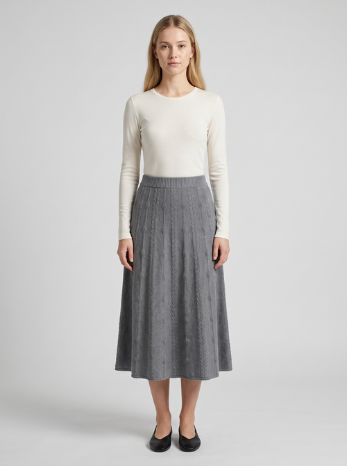 Long Knit A-Line Skirt in Grey