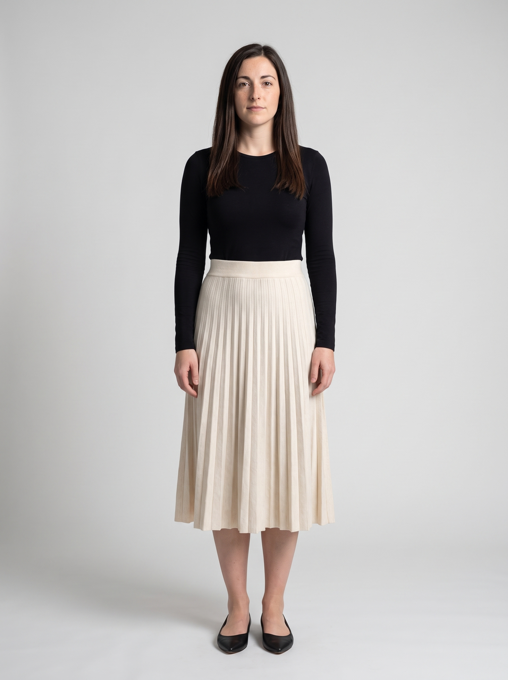 Pleated A-Line Knit Midi Skirt in Oatmeal