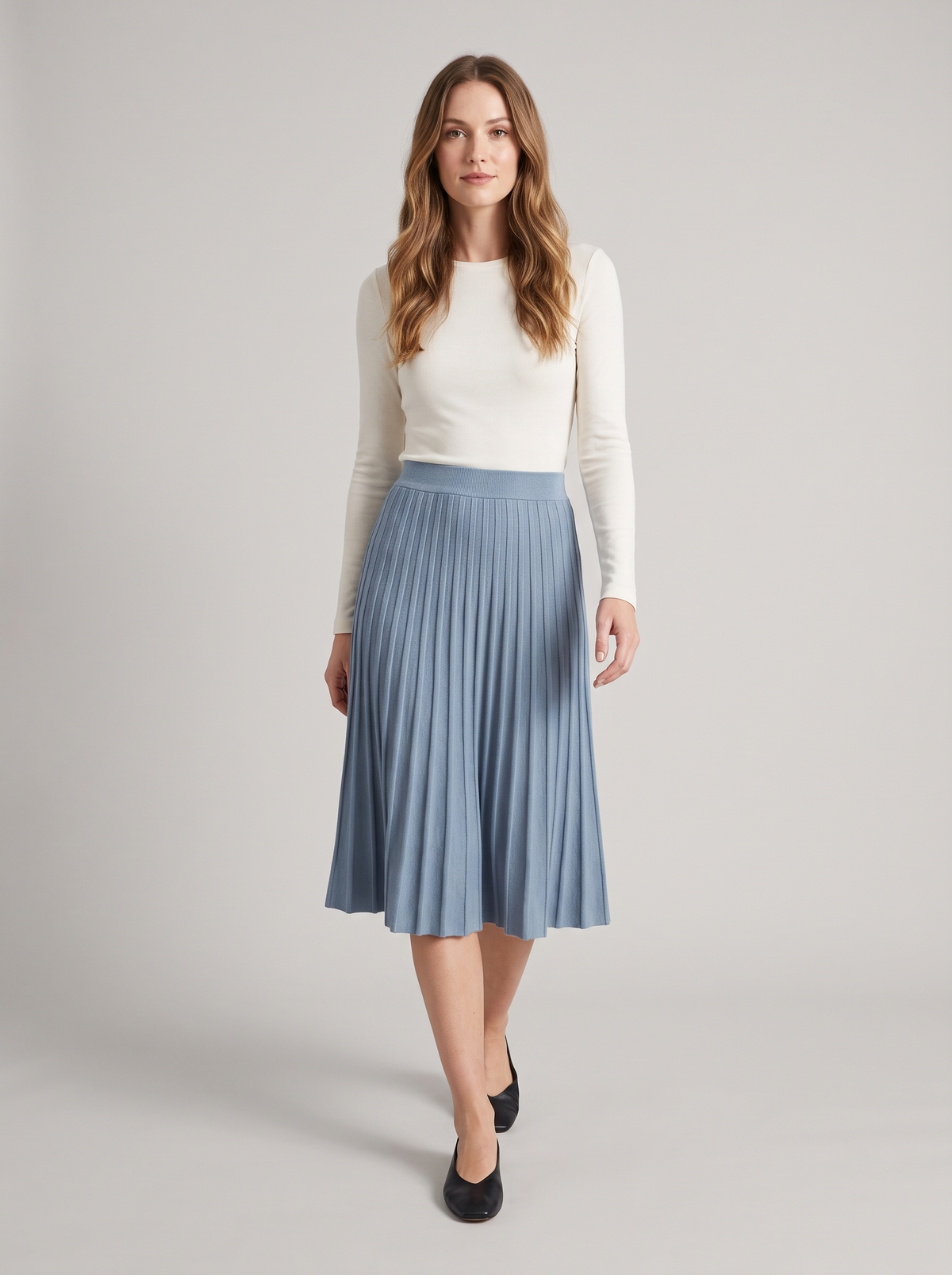 Pleated A-Line Knit Midi Skirt in Dusty Blue
