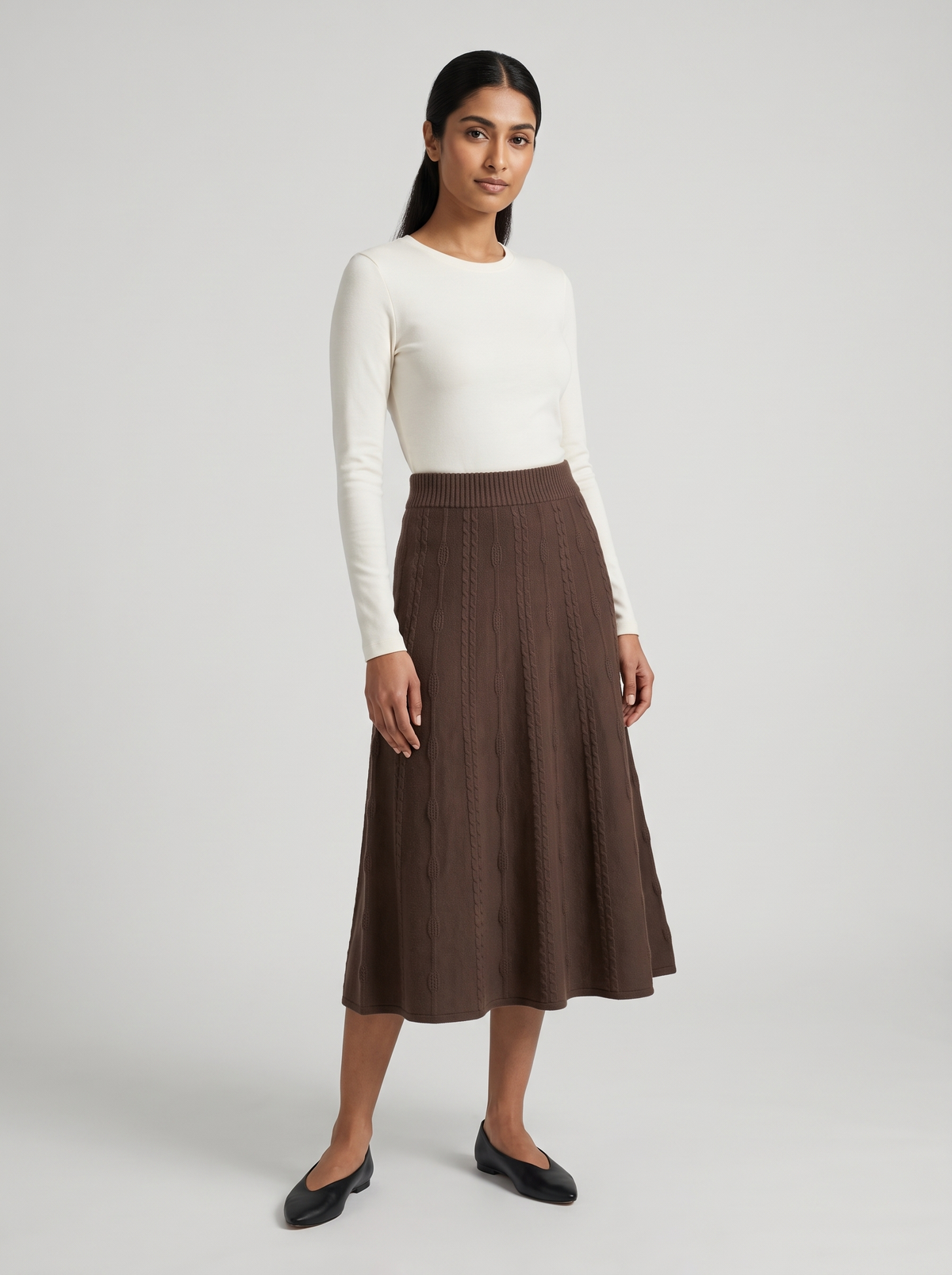 Long Knit A-Line Skirt in Mocha